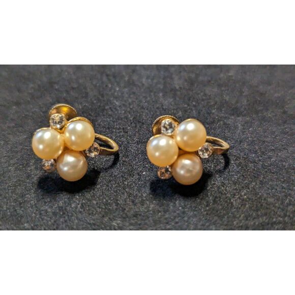 Vintage Gold Tone 3 Each Faux Pearl and Rhinestone Cluster Screwback Earrings - Picture 2 of 7